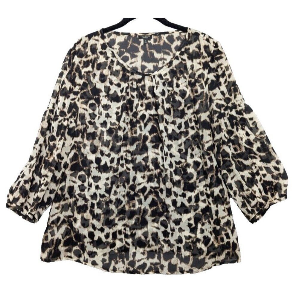 Talbots Blouse Womens Size 12 Tan Silk Animal Print Sheer Office Career‎ Mature